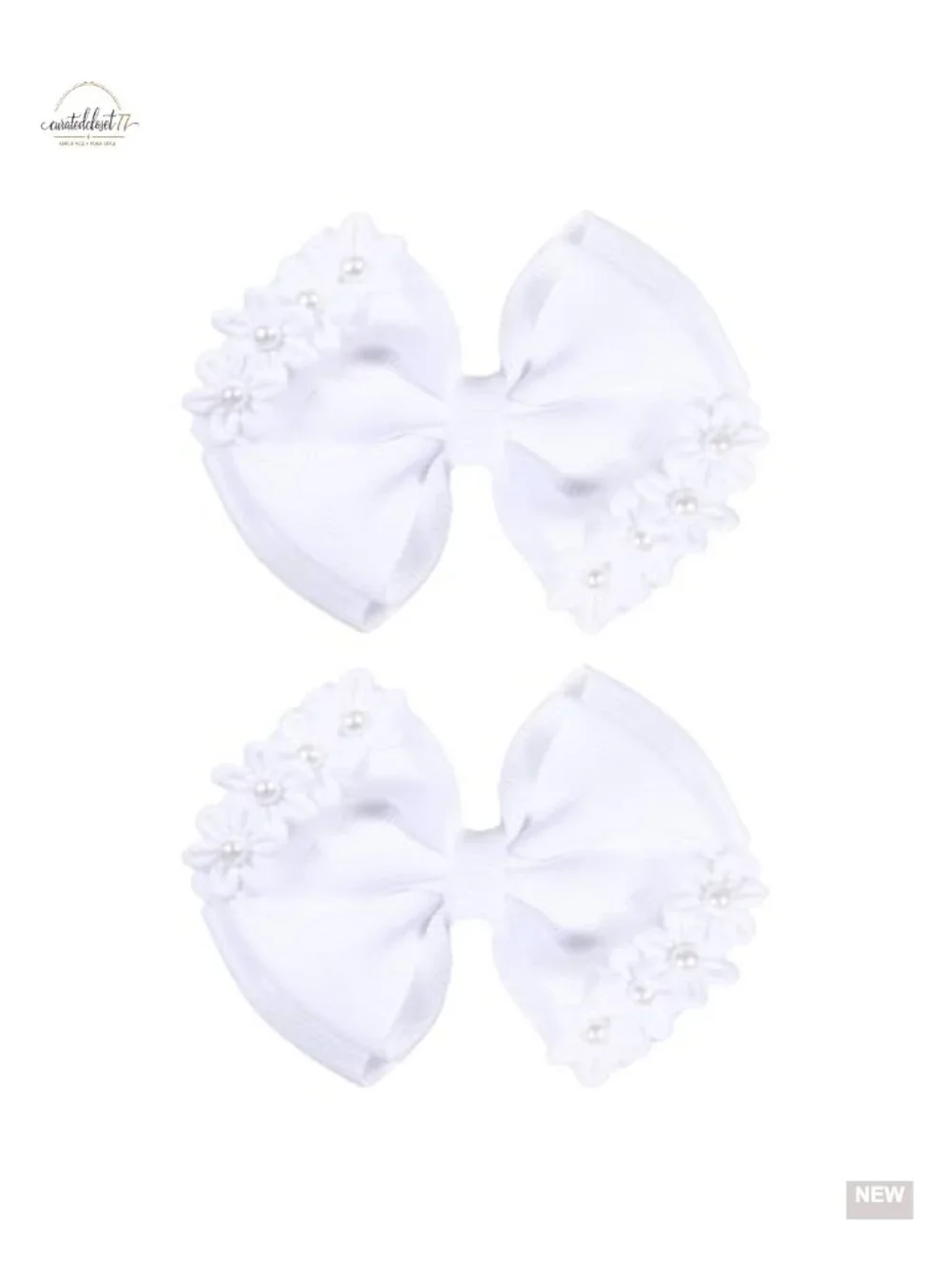 Handmade Pearl Flower Hair Bows with Alligator Clips - 2 Pack